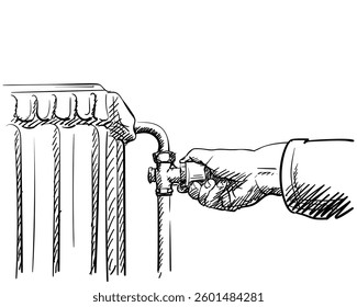 Adjusting the valve on a cast iron radiator. Hand-drawn vector illustration. Sketch in black lines with hatching on a white background. Ideal for heating and energy control concepts