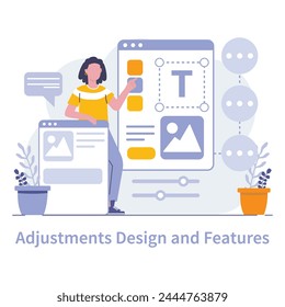 Adjustment design concept. A designer iterates on product features, using feedback analysis to enhance user interface and experience. Precision in digital editing. Vector illustration.