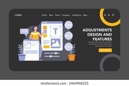 Adjustment design night or dark mode web or landing page. A designer iterates on product features, using feedback analysis to enhance user interface and experience. Precision in digital editing.