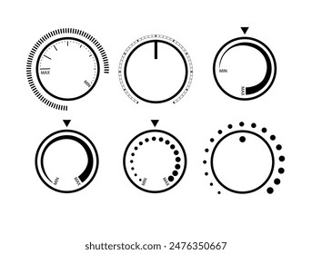 Adjustment dial. Rotary dials with round scale volume level knob and round controller