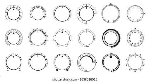 Adjustment dial. Volume level knob, rotary dials with round scale and round controller. Min and Max radial selector vector graphic set