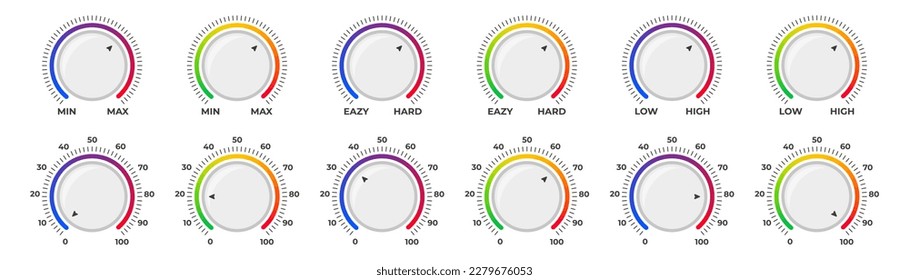 Adjustment dial. Volume level knob with round scale. Volume level handle. Vector illustration.
