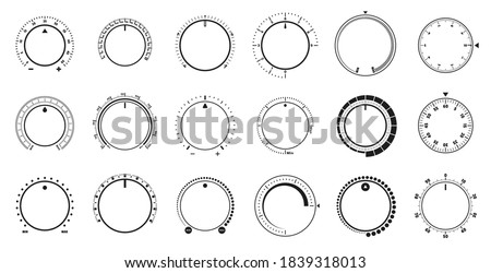 Adjustment dial. Volume level knob, rotary dials with round scale and round controller. Min and Max radial selector vector graphic set