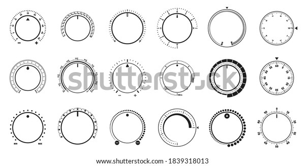 Adjustment dial. Volume level knob, rotary dials with\
round scale and round controller. Min and Max radial selector\
vector graphic set