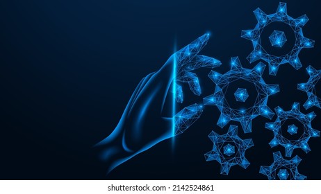Ajuste del mecanismo digital. La mano ajusta los engranajes mecánicos. Construcción poligonal de líneas y puntos. Fondo azul.