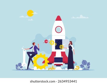 Adjustment to increase productivity concept, fixing economic engine to bring back income to system, business team putting new gear into rocket