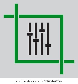 Adjustment music line sign. Black icon inside green crop tool at light gray background