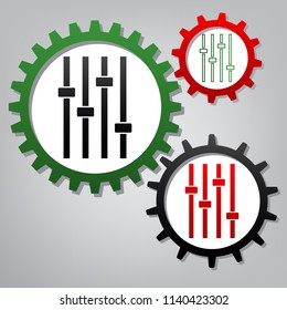 Adjustment music line sign. Vector. Three connected gears with icons at grayish background.
