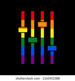 Adjustment music line sign. Vector. Icon with colors of LGBT flag at black background.