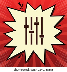 Adjustment music line sign. Vector. Dark red icon in lemon chiffon shutter bubble at red popart background with rays.