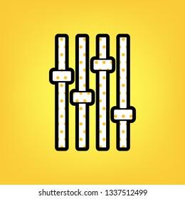 Adjustment music line sign. Vector. Yellow polka dot white icon with black contour at warm yellow background.