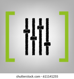 Adjustment music line sign. Vector. Black scribble icon in citron brackets on grayish background.