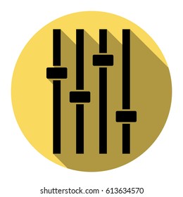 Adjustment music line sign. Vector. Flat black icon with flat shadow on royal yellow circle with white background. Isolated.
