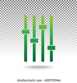 Adjustment music line sign. Vector. Green gradient icon with shadow at bottom on transparent and white background.