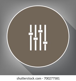 Adjustment music line sign. Vector. White icon on brown circle with white contour and long shadow at gray background. Like top view on postament.