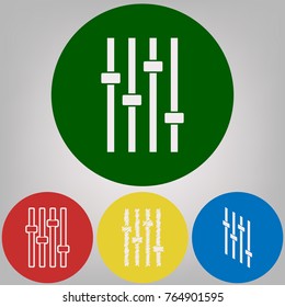 Adjustment music line sign. Vector. 4 white styles of icon at 4 colored circles on light gray background.