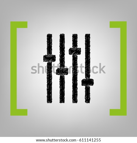 Adjustment music line sign. Vector. Black scribble icon in citron brackets on grayish background.