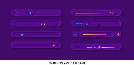 Adjustment panel UI elements kit. Multimedia settings isolated vector icon, bar and dashboard template. Web design widget collection for mobile application with dark theme interface