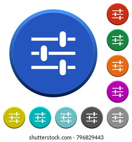 Adjustment round color beveled buttons with smooth surfaces and flat white icons