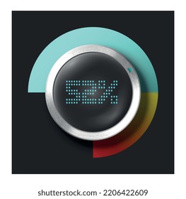 Adjustment round dial. Button with inscription 52 percent in futuristic style. Digital player, dashboard. Modern technologies and innovation. Apps and software. Realistic 3D modern vector illustration