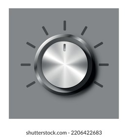 Adjustment round dial. Shiny gray button with dashes around. Interface for programs and apps, software for sound and music processing. Player, digital world. Realistic 3D modern vector illustration