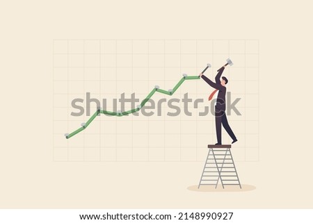 adjustments, Modifying investment portfolio from stock market crash,making bullish run concept.  
Businessman climbing up on a ladder to adjust an uptrend graph chart on a wall.
