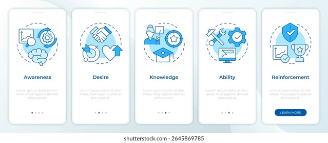 ADKAR model blue onboarding mobile app screen. Organizational change. Walkthrough 5 steps editable graphic instructions with linear concepts. UI, UX, GUI