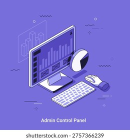 Admin control panel with analytics on computer screen and hand using mouse. Thin line cartoon isometric vector illustration for software development and data management technology concept.