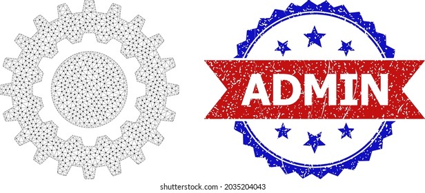 Admin corroded stamp seal, and cogwheel icon network model. Red and blue bicolored stamp includes Admin caption inside ribbon and rosette. Abstract flat mesh cogwheel, built from flat mesh.