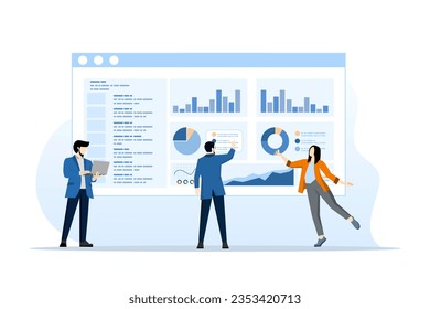 admin dashboard concept. Dashboard with daily statistics chart, flat vector business people working online in home office on web monitor dashboard with internet network technology.
