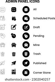 Admin panel line vector icons and signs for website. All, Scheduled Posts, Draft, Pending, Mine, Trash, Published, Corner Stone