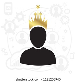 Admin Privileged Profile with Gold Crown Vector Illustration. VIP King User Icon in Flat Style. Priority Customer Concept or Logo