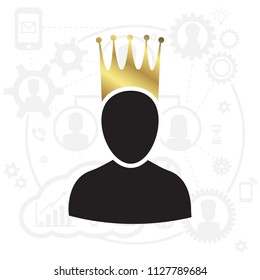 Admin Privileged Profile with Gold Crown Vector Illustration. VIP King User Icon in Flat Style. Priority Customer Concept or Logo