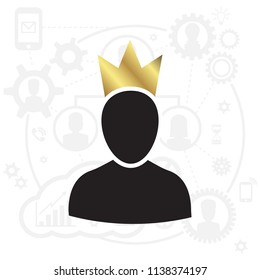Admin Privileged Profile with Gold Crown Vector Illustration. VIP King User Icon in Flat Style. Priority Customer Concept or Logo