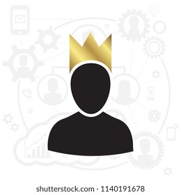 Admin Privileged Profile with Gold Crown Vector Illustration. VIP King User Icon in Flat Style. Priority Customer Concept or Logo