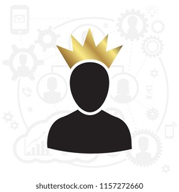 Admin Privileged Profile with Gold Crown Vector Illustration. VIP King User Icon in Flat Style. Priority Customer Concept or Logo