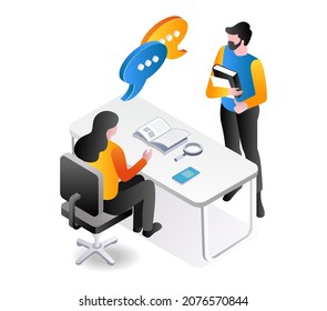 Admin and teacher conversation in isometric illustation