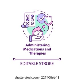 Administering medications and therapies concept icon. Private duty nursing care abstract idea thin line illustration. Isolated outline drawing. Editable stroke. Arial, Myriad Pro-Bold fonts used