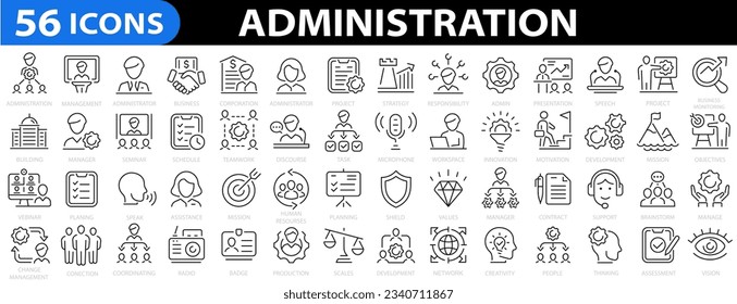 Administration 56 icon set. Management icons. Business or organization icon collection. Teamwork, strategy, marketing, business, planning, training, admin, presentation and more. Vector illustration