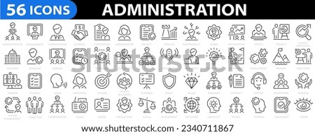 Administration 56 icon set. Management icons. Business or organization icon collection. Teamwork, strategy, marketing, business, planning, training, admin, presentation and more. Vector illustration