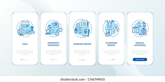 Administration assistance onboarding mobile app page screen with concepts. Passport help. Social service walkthrough 5 steps graphic instructions. UI vector template with RGB color illustrations