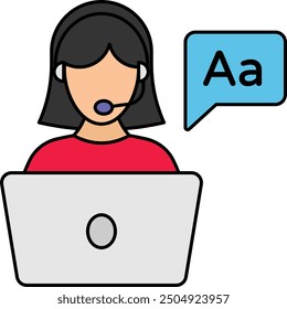 Asistente de administración con diseño de ícono de Vector de concepto de auriculares y computadoras portátiles, símbolo del Día Internacional del Idioma, signo de Servicios de Traducción, Plurilingüismo e ilustración de Multilingüismo