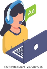 Administration Assistant with Headset and laptop speaking concept isometric vector icon, International Language Day symbol, Translation Services sign, Plurilingualism and Multilingualism illustration