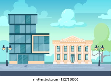 Administration buildings. Cityscape with facade of financial institutions, museum, office, university, court or other. Vector illustration in flat style.