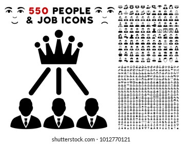 Administration Crown pictograph with 550 bonus pity and glad user icons. Vector illustration style is flat black iconic symbols.