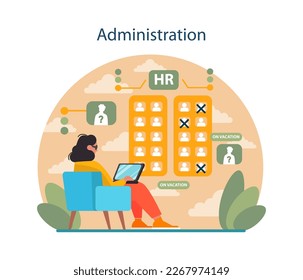 Administration. Human resources manager soft skills. HR agent competencies. Personnel efficiency improvement, workflow and project development optimization. Flat vector illustration