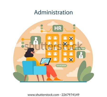Administration. Human resources manager soft skills. HR agent competencies. Personnel efficiency improvement, workflow and project development optimization. Flat vector illustration