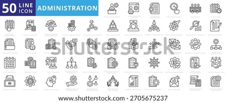 Administration icon set outline containing office, management, administrative, support, document, time, data entry, scheduling, file organization, event planning, record keeping, budget tracking