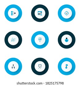 Iconos de administración coloridos con red de conexión, pensamiento, rasgos de personalidad y otra idea con elementos de discusión. Iconos aislados de administración de ilustraciones vectoriales.