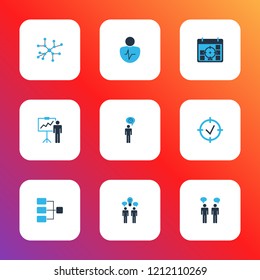 Administration icons colored set with idea brainstorming, idea discussions, connection network and other project goals elements. Isolated vector illustration administration icons.